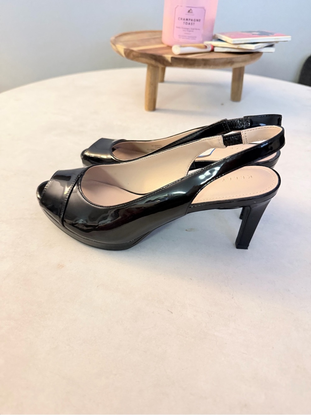 Kelly & Katie Black Patent Slingback Peep-Toe Heels